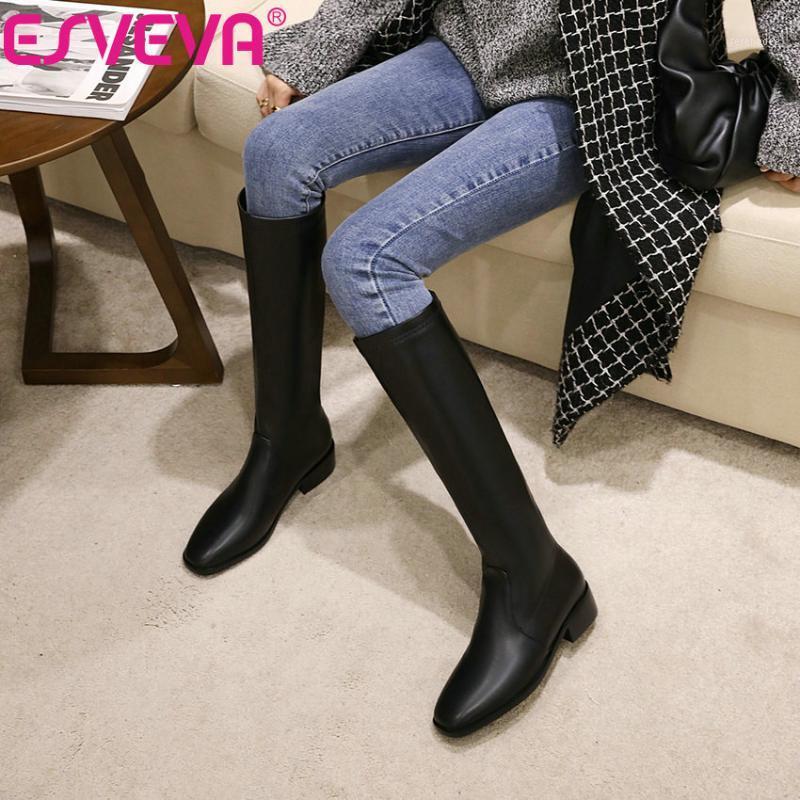 

ESVEVA 2021 Round Toe Western Style Zipper Square Low Heel PU+Leather Knee High Boots Platform Women Boots Shoes Size 34-431, Beige-pu