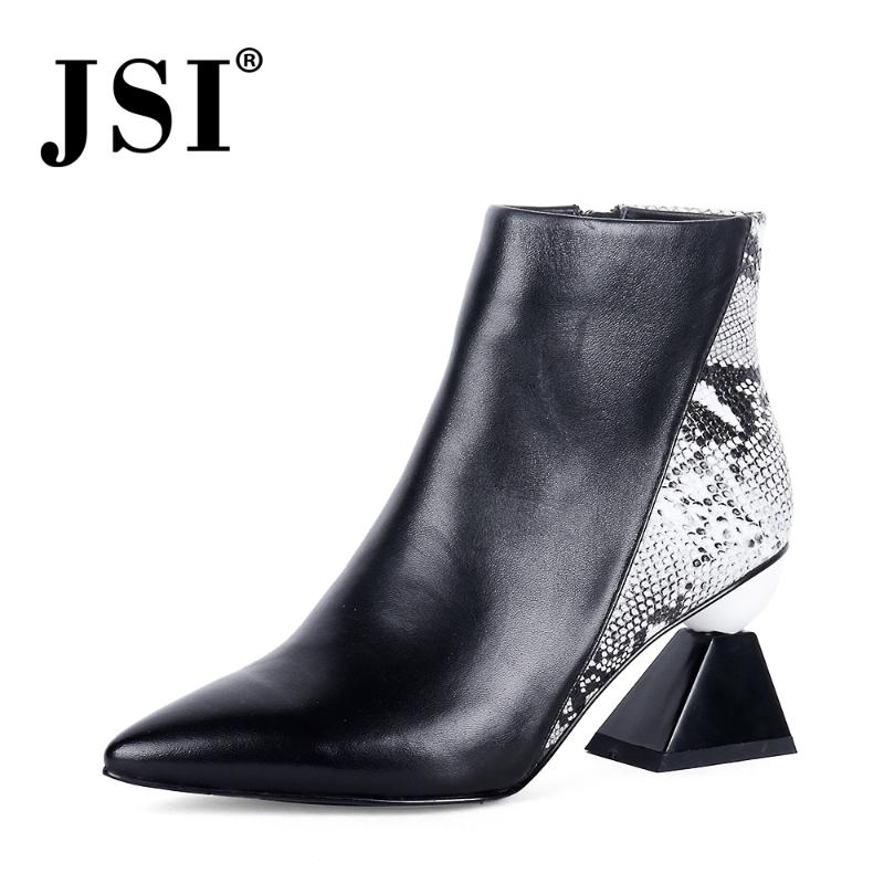 

JSINew Ankle Boots Fashion Pointed Toe Snake Print Genuine Leather Mid Heel Lady Shoes Warm Short Plush Winter Women Boots JC627, Black