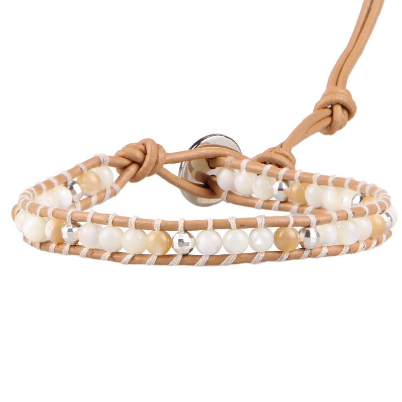 

KELITCH New Beige Crystal Natural 4mm Beaded Bracelet Boho Charm Leather Wrap Bracelets for Women Fashion Jewelry Gifts