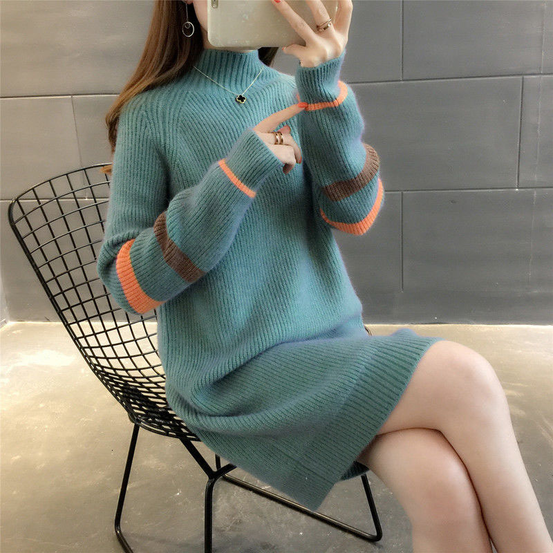 

Autumn Knitted Shirt Fashionable Neck Casual Female Length Elegant Sweater Dress R818 Pzlb, Light coffee.