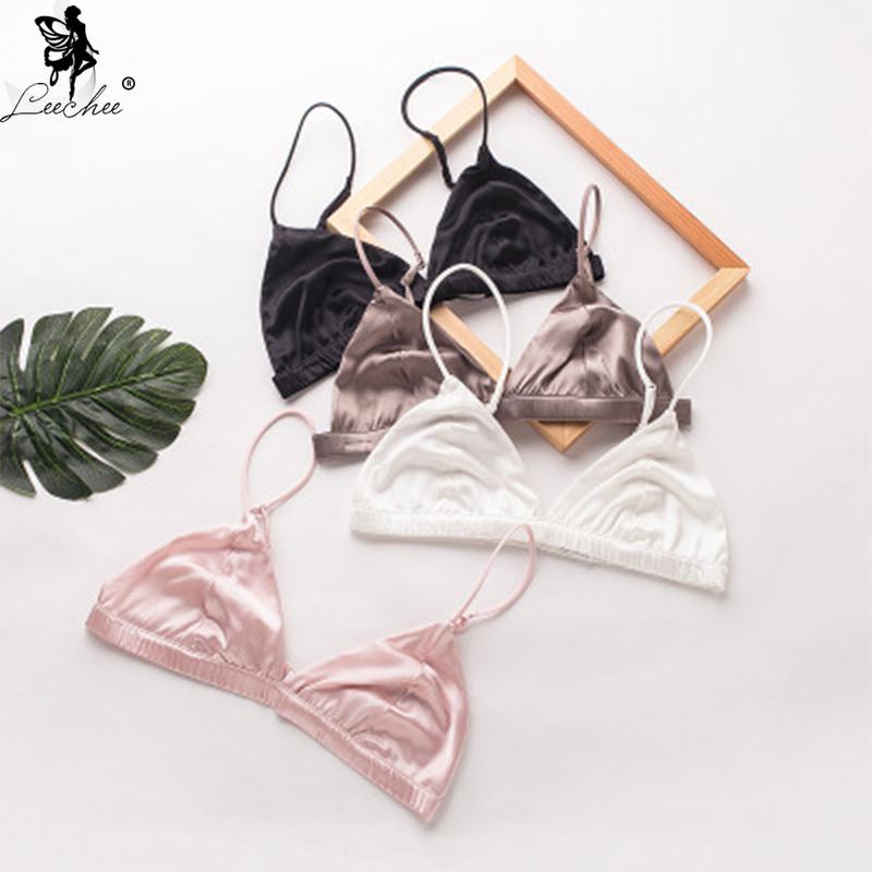 

Leechee Sexy Ladies Brassiere Silk Push Up Bra New Wire Free Bralette French Triangle cup Lingerie Comfortable Bras for Women, Black