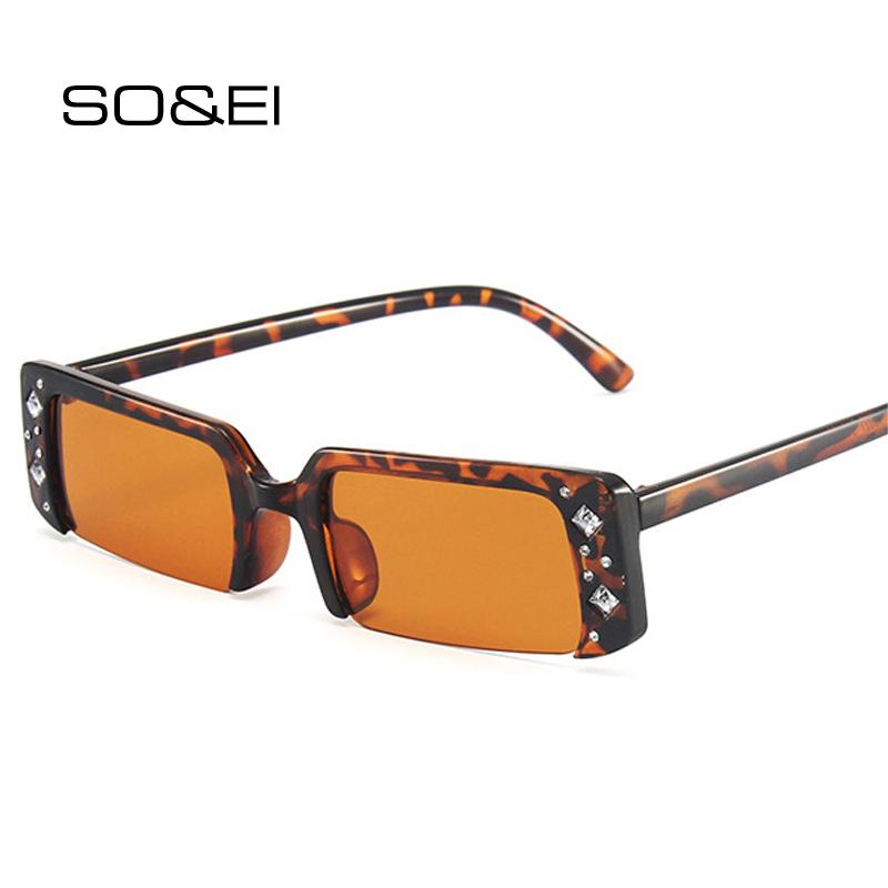 

SO&EI Fashion Small Rectangle Semi-Rimless Sunglasses Women Luxury Diamond Decoration Eyewear Men Square Shades UV400