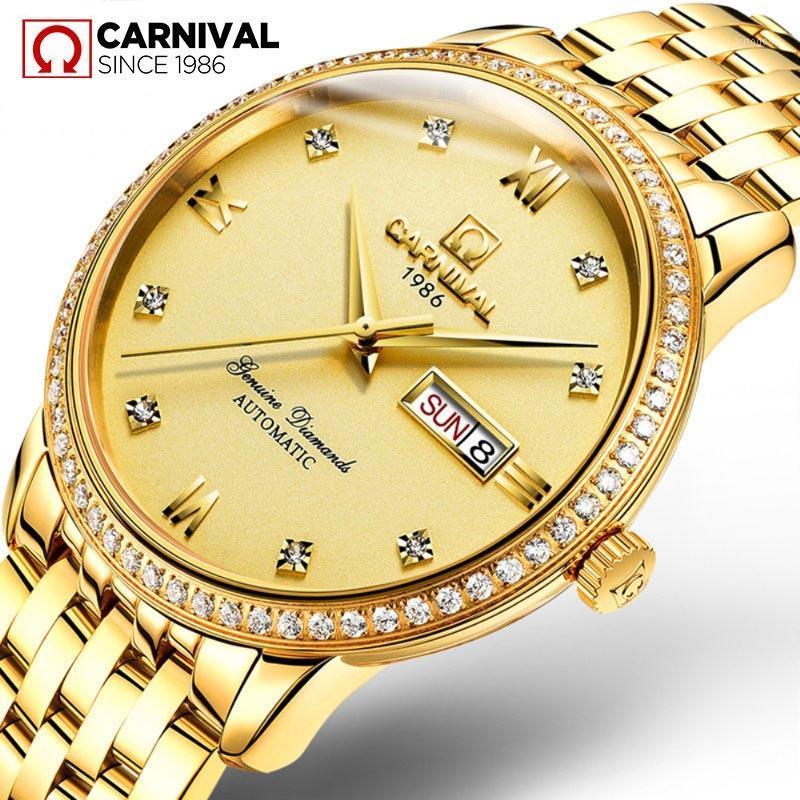 

Wristwatches Carnival Automatic Self Wind Mechanical Watch Mens Luxury Gold Stainless Steel Strap Simple Business Red Diamond Date Men Watch