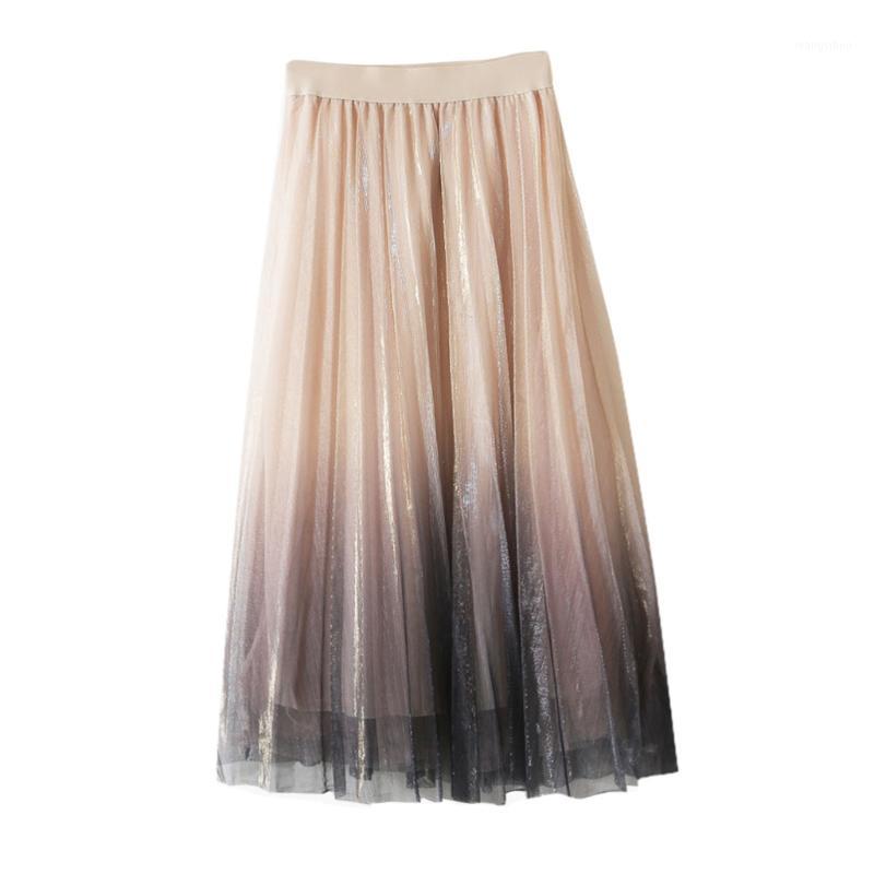 

Jaycosin skirt high waist ladies sexy reflective mesh skirt in the long paragraph A word bright silk pleated cocktail1, Beige
