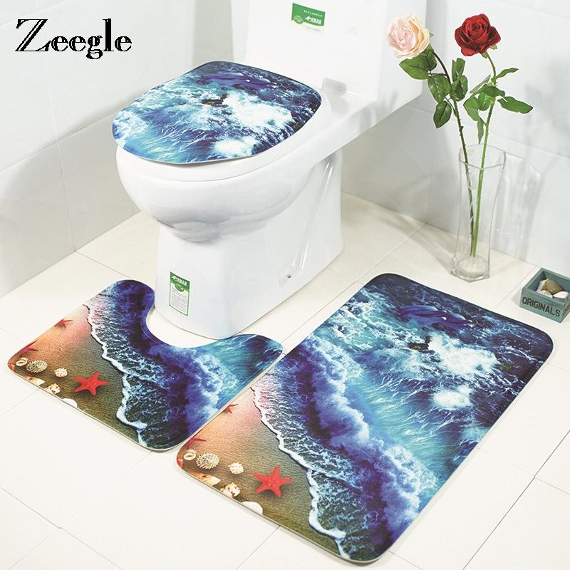 

ZEEGLE Bathroom Carpets Toilet Rug Bath Mats Floor Mat Sea Wave Printed Shower Room Decor Soft Waterproof Bathroom Rug Set
