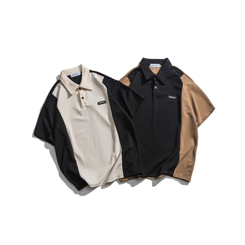 

2021 New Harajuku Contrasting Colors Seam Combining Short-sleeved Androgynous Shirts Kong Style 9ES3, Beige