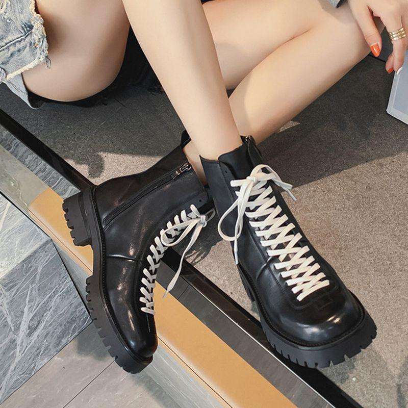 

New leather boots women's British style thick soled thin shoes net red locomotive short boots fashion cool women's, Black