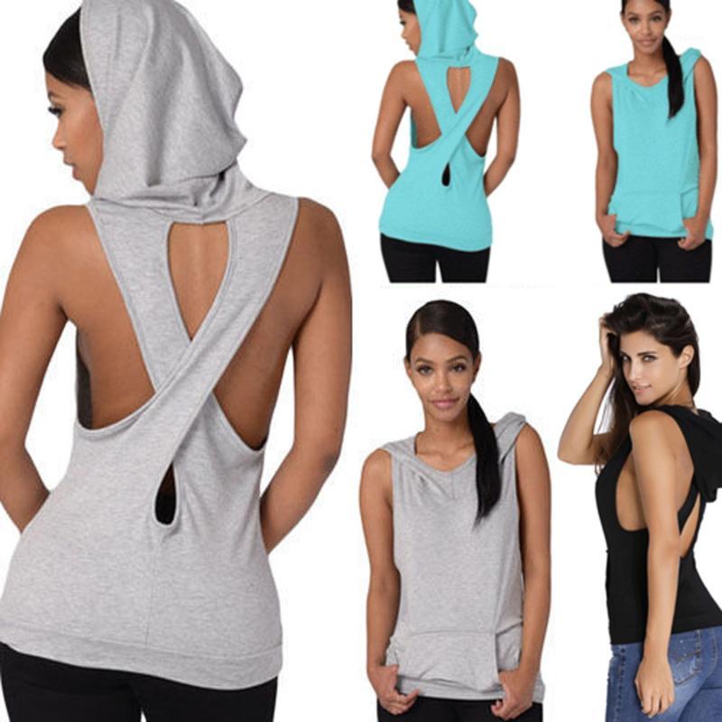 

Women' Hoodies & Sweatshirts Wholesale- Hooded Pocket Open Back Cross Fleece Tank Top 2021 Fashion Lady Sleeveless Sweatshirt Shirt Blouse, Black