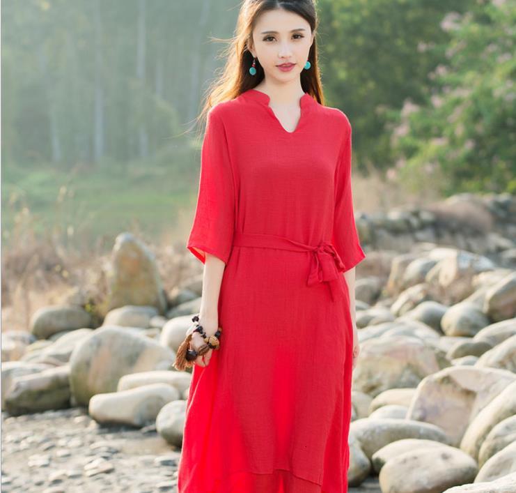 

Spring Autumn New V-neck Half-woman Cotton Glove Linen Dress N7wh, White