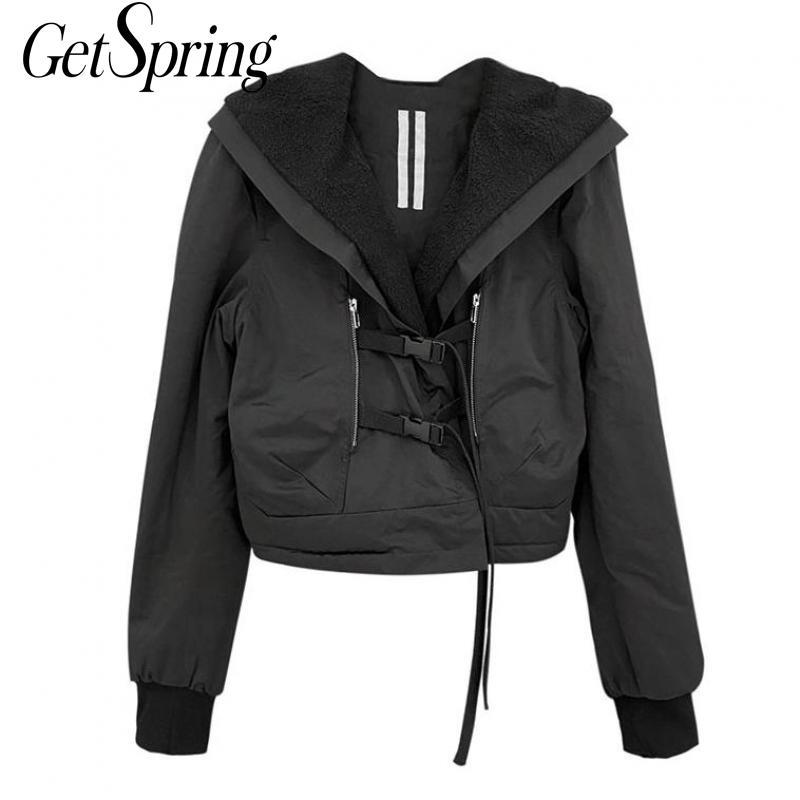 

Getspring Women Coat Hooded Warm Lining Black Short Coats Jackets Women Bandage Vintage Casual Winter Coats 2020 Fashion