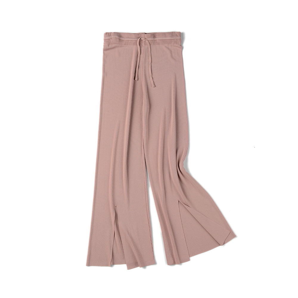 

2021 New Women Summer Ice Silk Thin Knit Trousers Wide Leg Loose Ankle Length Casual Trouser Elastic Waist Pleated Pants 3nhu, Khaki