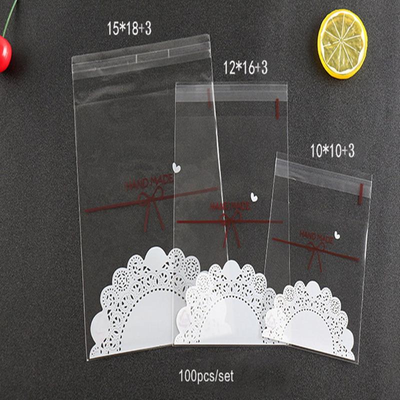 

100pcs Transparent Lace Bow Cookie&Candy Bag Self-Adhesive Plastic Bags Wedding Party Gift Baking Package Supply