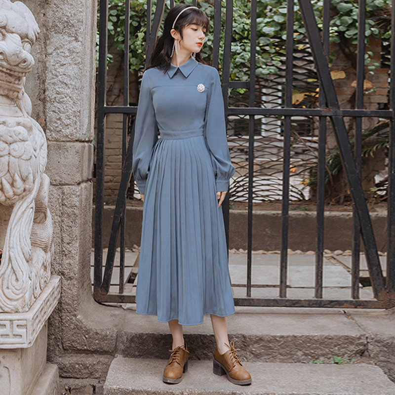 

Blue Turn-down Collar Chiffon Female Vintage Mid-calf Dress Women's Dresses Plied 2021 Spring Jfqr
