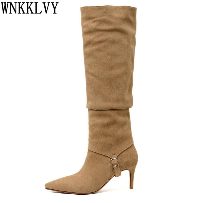 

Pointed toe Suede Knee high boots Women thin high heel shoes Removable buckle design long booties Runway knight boots for ladies, Beige