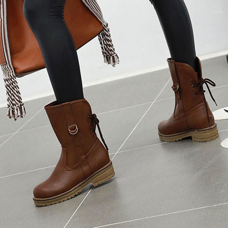 

Autumn And Winter Fashion Belt Buckle Cross Strap Women Solid Color Mid Boots Women Boots Short Plush Flock Leather1, Black