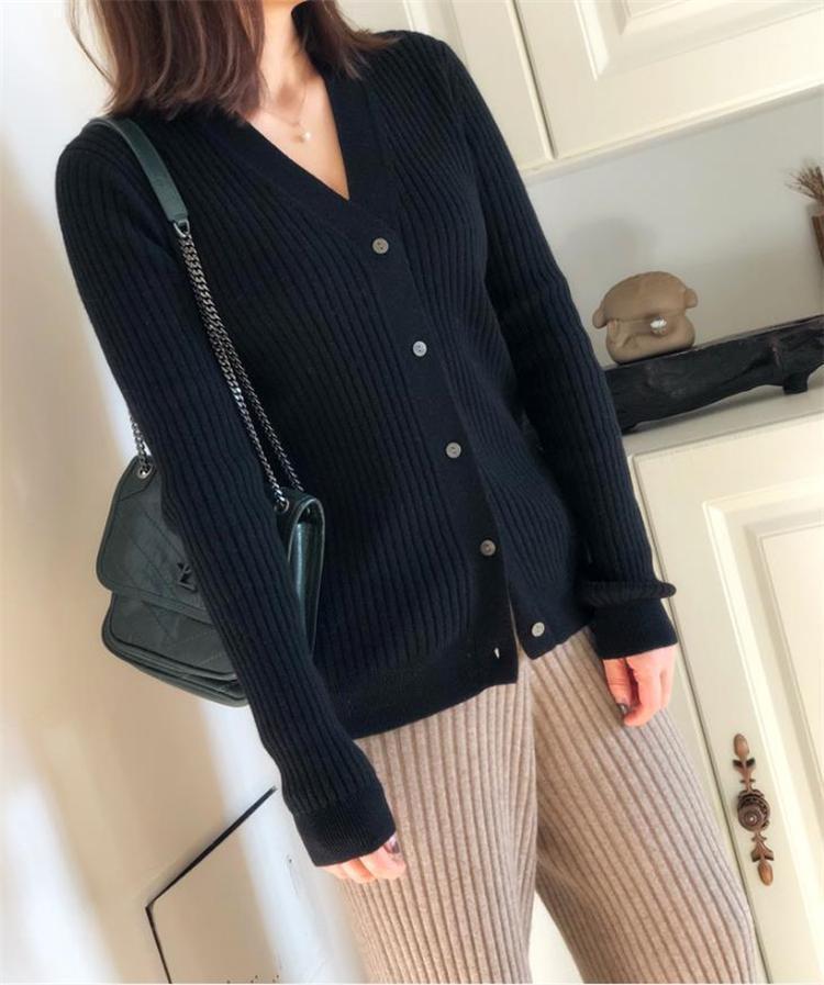 

100%goat cashmere vertical striped knit women spring autumn cardigan sweater one&over size1, Black