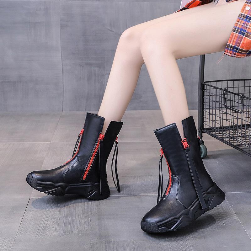 

Y83 Autumn winter Women PU Boots Round Toe Zipper Platform Woman Boots Keep warm Fashion Flat Ankle Botas Muje1, White single
