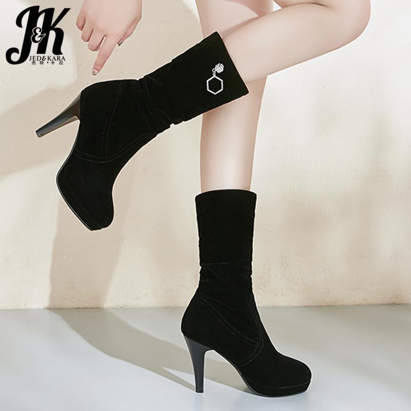 

JK High Heels Mid-Calf Boots Women Flock Boot Ladies Crystal Shoes Female Round Toe Shoes Female Platform Winter 2020 New1, Black