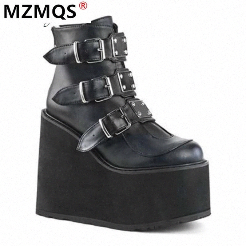 

New Winter Metal Buckle Ankel Boots Women Punk Female Platform Boots Wedges High Heels PU Women Botas Mujer Plus Size #zz1n, Beige