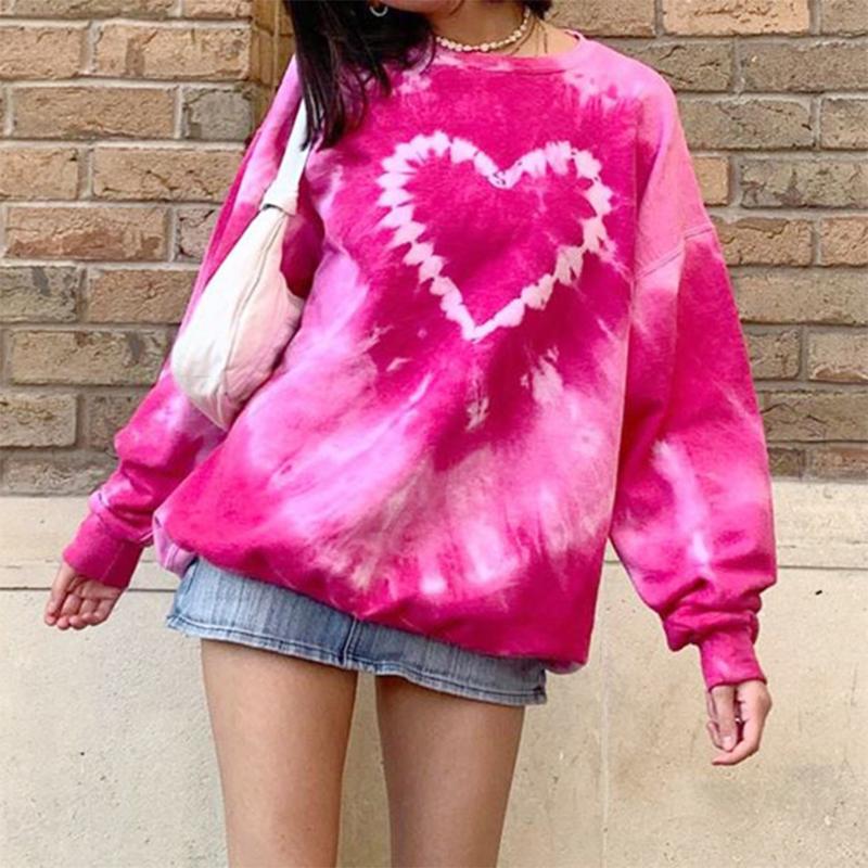 

Y2K Aesthetics Pink Oversized Sweatshirts E-girl Vintage Tie Dye Crewneck Long Sleeve Tops Autumn Heart Pullovers Chic