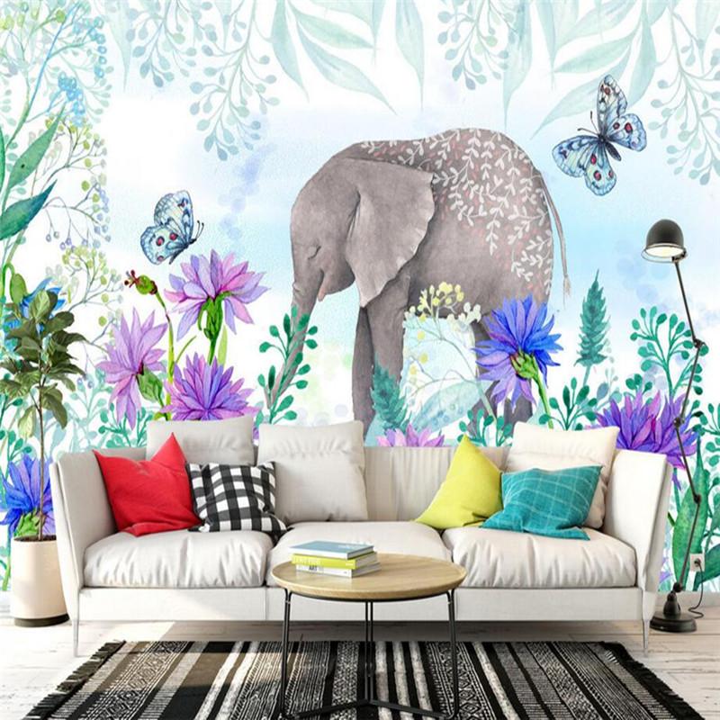 

Large Custom Wallpaper 3D Elephant Photo Murals Florals Leaf Kids Walls Papers for Living Room Bedroom Home Decor Nature Plants, As picture
