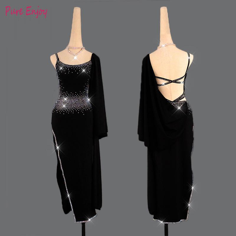 

Customized Latin dance competition performance costumes black stretch shiny diamond sexy professional Latin dance dress