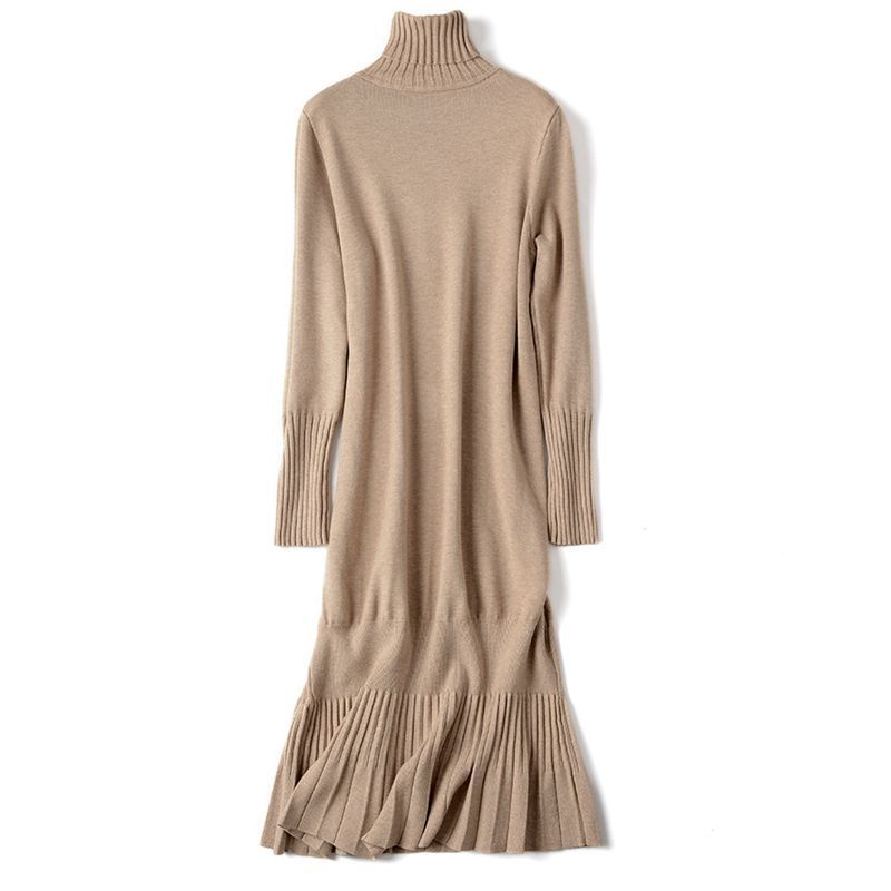 GIGOGOU Warm Turtleneck Knitted Dress Autumn Winter Solid Long Straight Mermaid Dress Women Mid-calf Christmas Party Dresses 201125Z