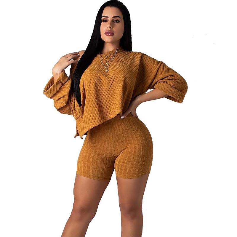 

Autumn Winter Two Piece Sets Women Clothes Loose Batwing Sleeve Knitted Sweater Tops + High Waisted Shorts Set Casual Tracksuit, Khaki