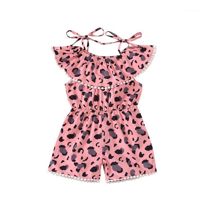 

New Little Girls Off Shoulder Loose Leopard Pattern Waist Design Outfit Tassel Straps Jumpsuit Lotus Leaf Romper1, As pic