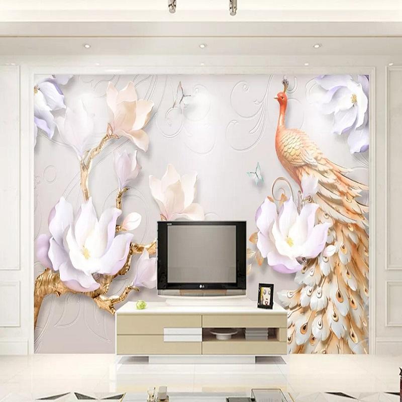 

New Custom 3D Large Mural Wallpaper Embossed modern minimalist peacock children's room TV Background living Bedroom1, As show
