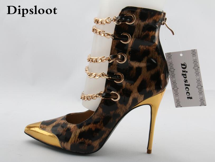

Hot Women Leopard Pointed Toe Gold Toe Gold Chains Cuts Out Zipper Back Short Booties Stiletto Heels Party Boots, As picture
