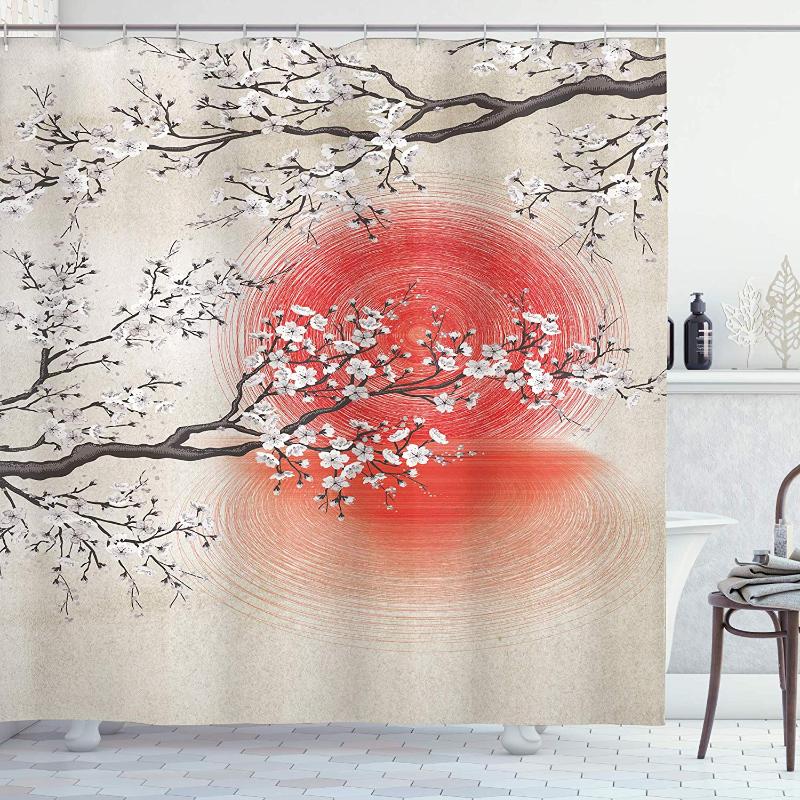 

Cherry Blossom Shower Curtain Japanese Folkloric Themed Sakura Tree Bathroom Decor Set with Hooks 70" Long Cream Bath Curtains