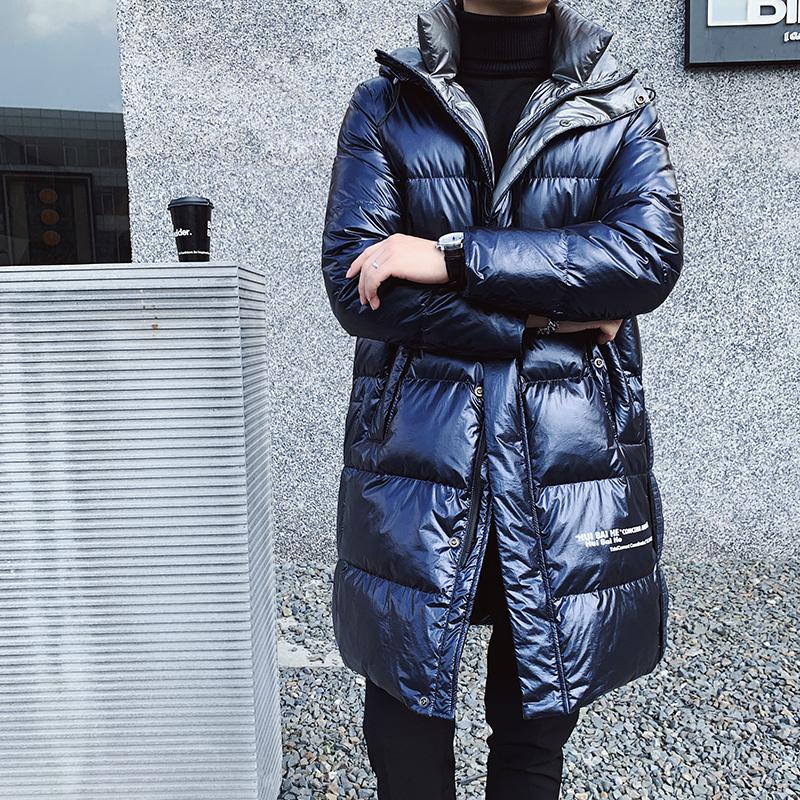 

Winter Hooded Jackets Men Clothes 2020 Fashion Thick Warm 80% Gray Duck Down Casual Outwear Shiny Long Coats Stand Collar Sale, Blue