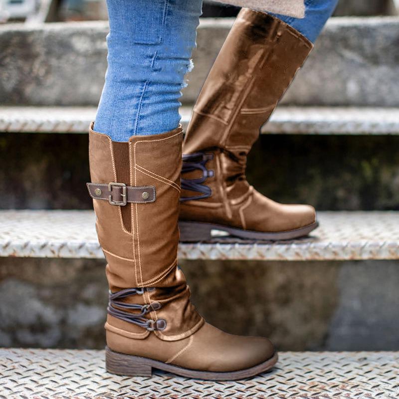 

Calf Mid Women's Boots Vintage British PU Leather Shoes Woman Low Heel Zip Sewing Ladies Fashion Retro Long Boots Women