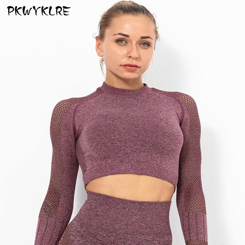 

Hollow mesh yoga shirt feminine belly button female tight-fitting quick-drying sports long-sleeved fitness yoga wear T-shirt