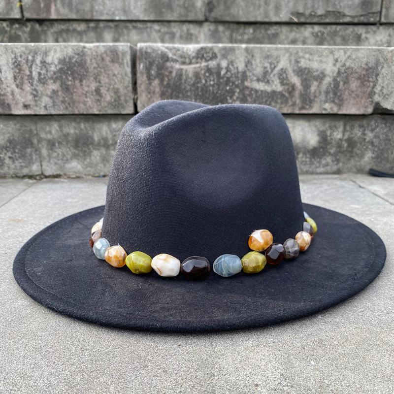 

2 Size Wool Women Men's Black Fedora Hat Acrylic Gems Wide Brim Jazz Cap Vintage Panama Sun Top Hat