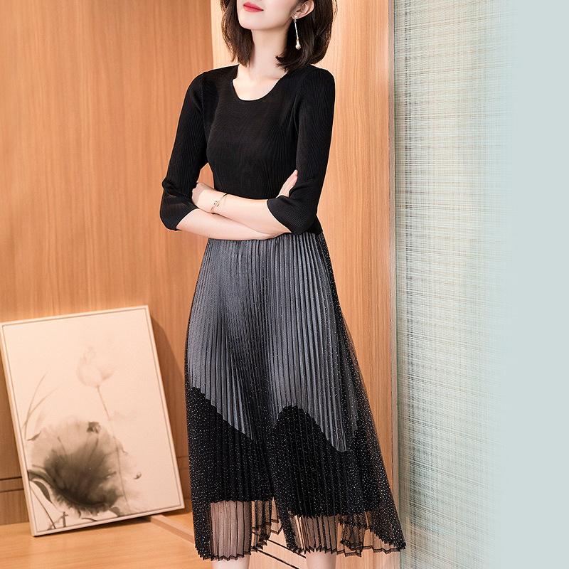 

Spring Summer Mesh Stitching Big Size Dress New Fashion Pleated Lady Elegant Dresses, Black
