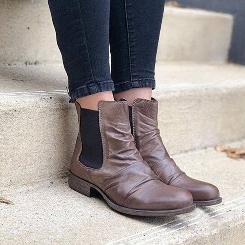 

Square Heel Ankle Vintage Boots for Women Round Toe Low Slip-On Autumn Winter Boots Buckle Shallow Solid Shoes, Beige