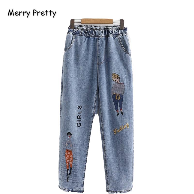 

Merry Pretty Women Jeans Pants Character Embroidery Harajuku Denim Pants 2020 Winter Elastic Waist Straight Pockets Jean, Blue