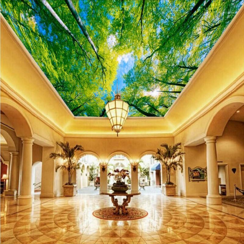 

Dropship Photo Wallpaper Blue Sky Tree Ceiling Mural Background Wall Mural Custom Living Room Lobby Custom Studio Wallpaper1, As pic