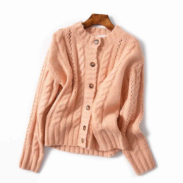 

Women Sweater 2020 Autumn and Winter New Retro Hollow Button Twist Knitted Cardigan Wool, Purple