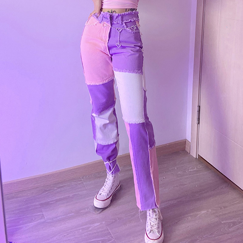 

2020 New Hip Hop Autumn Blue/Pink Patchwork Jeans Women High Waist Hip Hop Straight Jeans Ladies Trousers Female Denim for Woman, As shown