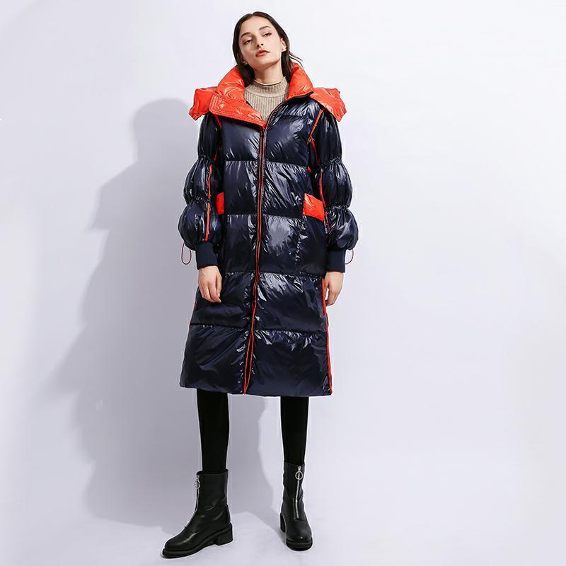 

2021 New Women's Cotton Plus Size New Fashion Long Shiny Bubble Sleeves 90 White Duck Down Hot Coat J2 Dzbh, Blue