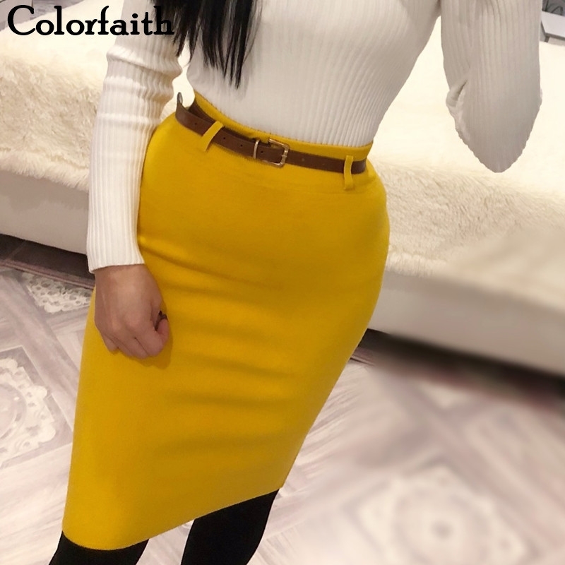 

Colorfaith New Women Solid Multi Colors Knitting Package Hip Pencil Midi Skirt Autumn Winter Belt Bodycon Femininas SK6008 Y200326, Gray