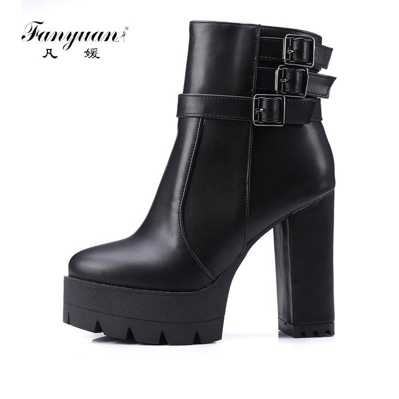 

Fanyuan Fashion Women Boots Shoes Woman Winter Ankle Boots Short Plush Buckle Zipper Thick Heel High Heel Bootie Sapatos, Black