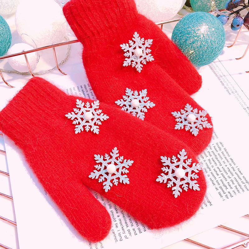

Winter Gloves Hair Knitting Sequins and Snowflakes Christmas Gift Warm Thicke Finger Mittens Female Free size
