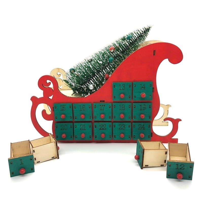 

Christmas Sleigh Tree Wooden Advent Calendar Countdown Xmas Party Decor 24 Drawers with LED Light Ornament 201127