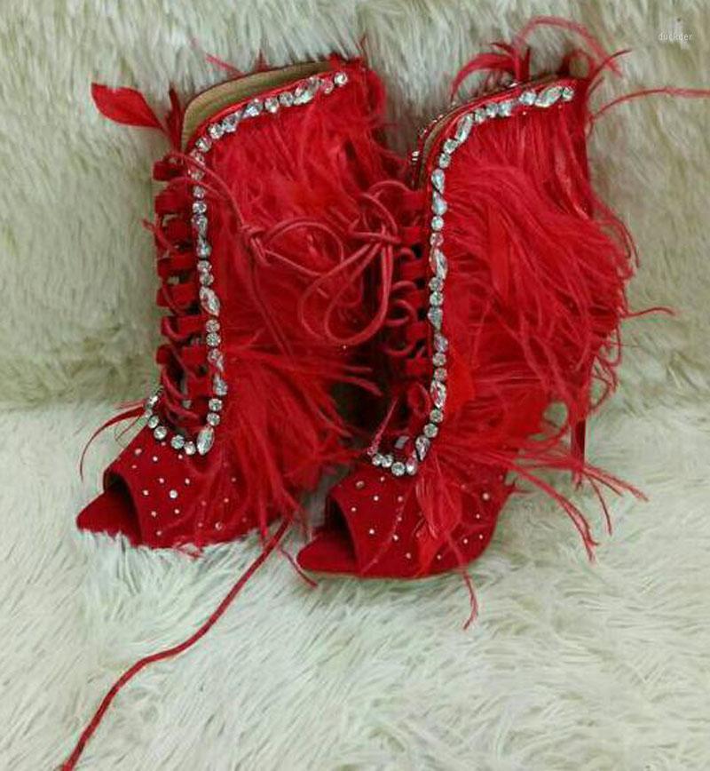 

Bling Rhinestone Decorated Feather Rim Peep Toe Ankle Boots Gladiator Sandals Boots Women Peep Toe Crystal Wedding Party Shoes1, Black