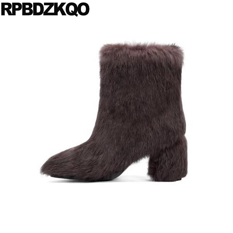 

brown women ankle boots medium heel black slip on round toe high real fur 2020 fluffy designer shoes furry thick winter chunky