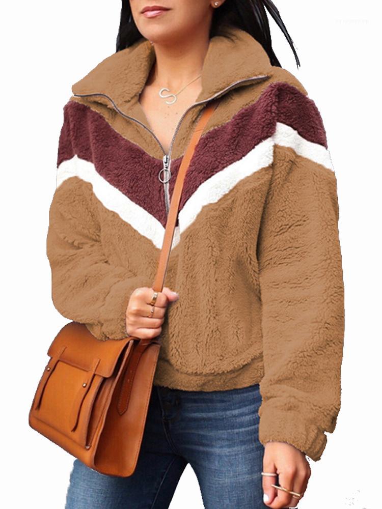 

BHflutter 2019 Winter Coat Pullover Women New V Striped Warm Fluffy Casual Jacket Tops Standard Collar Zipper Outerwear jaqueta1, Black